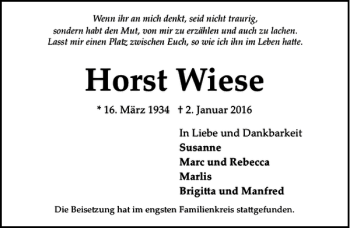 Traueranzeige von Horst Wiese von HAZ/NP