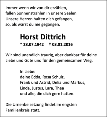 Traueranzeige von Horst Dittrich Horst Dittrich Horst Dittrich  von Ostsee-Zeitung
