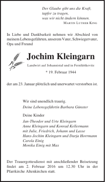 Traueranzeige von Jochim Kleingarn von Ostsee-Zeitung