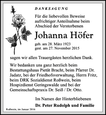 Traueranzeige von Johanna Höfer von Leipziger Volkszeitung