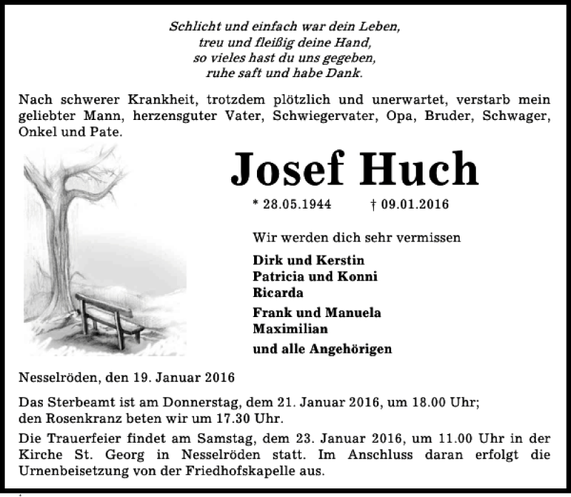  Traueranzeige für Josef Huch vom 19.01.2016 aus Eichsfelder Tageblatt