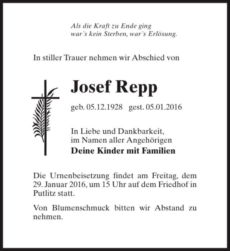  Traueranzeige für Josef Repp vom 23.01.2016 aus MAZ-Trauer.de