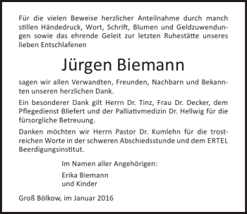 Traueranzeige von Jürgen Biemann von Ostsee-Zeitung