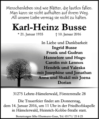 Traueranzeige von Karl-Heinz Busse von HAZ/NP