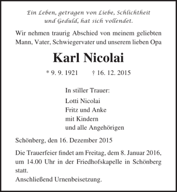 Traueranzeige von Karl Nicolai von Ostsee-Zeitung