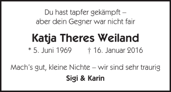 Traueranzeige von Katja Theres Weiland von Lübecker Nachrichten