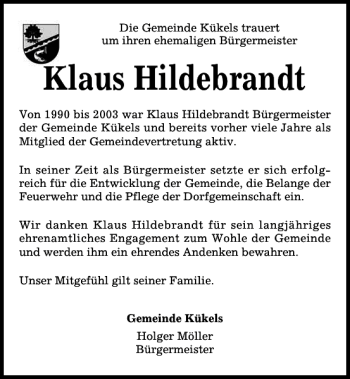 Traueranzeige von Klaus Hildebrandt von Kieler Nachrichten / Segeberger Zeitung