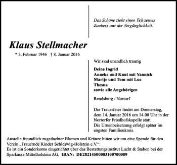 Traueranzeige von Klaus Stellmacher von Kieler Nachrichten / Segeberger Zeitung
