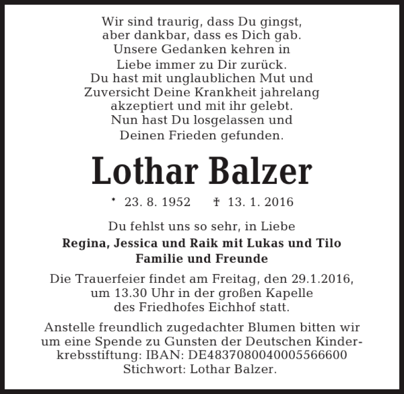  Traueranzeige für Lothar Balzer vom 23.01.2016 aus Kieler Nachrichten / Segeberger Zeitung