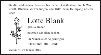 Traueranzeige von Lotte Blank von Ostsee-Zeitung