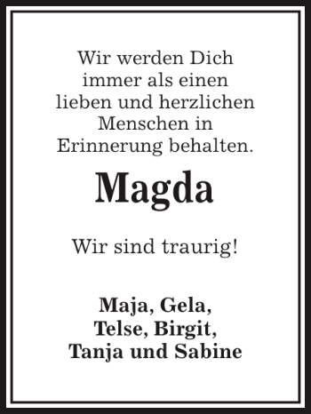 Traueranzeige von Magda  von Kieler Nachrichten / Segeberger Zeitung