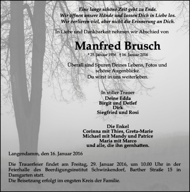  Traueranzeige für Manfred Brusch vom 23.01.2016 aus Ostsee-Zeitung