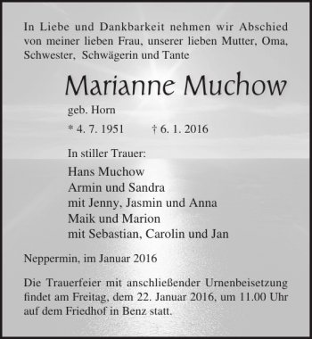 Traueranzeige von Marianne Muchow von Ostsee-Zeitung