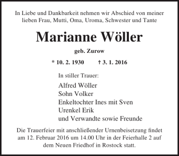 Traueranzeige von Marianne Wöller von Ostsee-Zeitung