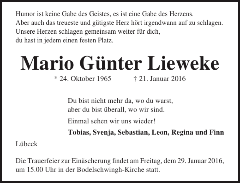  Traueranzeige für Mario Günter Lieweke vom 27.01.2016 aus Lübecker Nachrichten