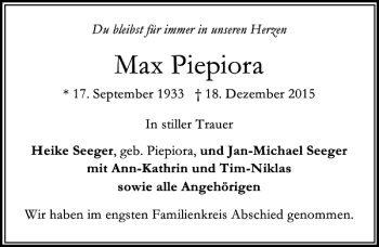 Traueranzeige von Max Piepiora von Lübecker Nachrichten