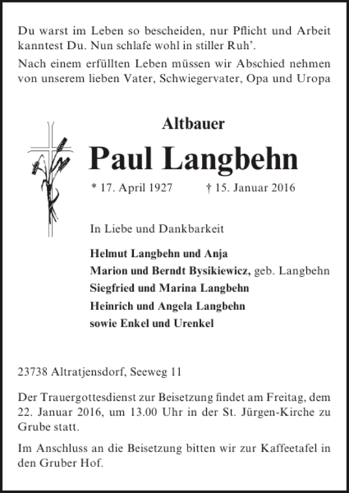  Traueranzeige für Paul Langbehn vom 20.01.2016 aus Lübecker Nachrichten
