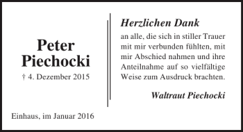 Traueranzeige von Peter Piechocki von Lübecker Nachrichten