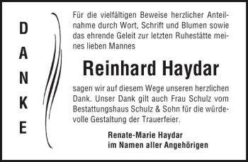 Traueranzeige von Reinhard Haydar von Ostsee-Zeitung
