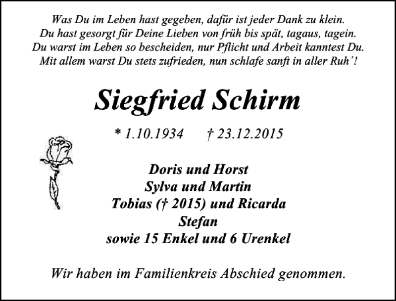  Traueranzeige für Siegfried Schirm vom 23.01.2016 aus Lübecker Nachrichten