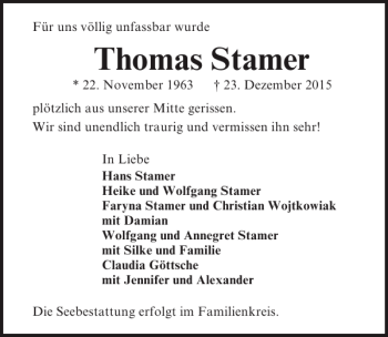 Traueranzeige von Thomas Stamer von Lübecker Nachrichten