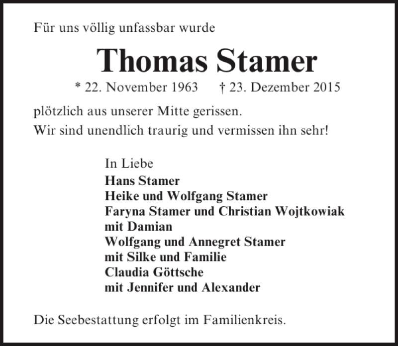  Traueranzeige für Thomas Stamer vom 01.01.2016 aus Lübecker Nachrichten