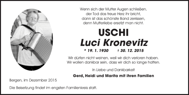  Traueranzeige für USCHI Luci Kronevitz vom 07.01.2016 aus Ostsee-Zeitung