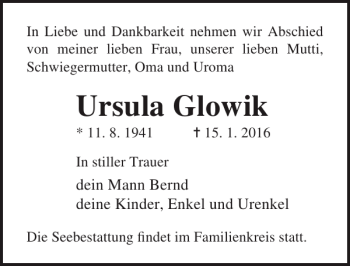 Traueranzeige von Ursula Glowik von Ostsee-Zeitung