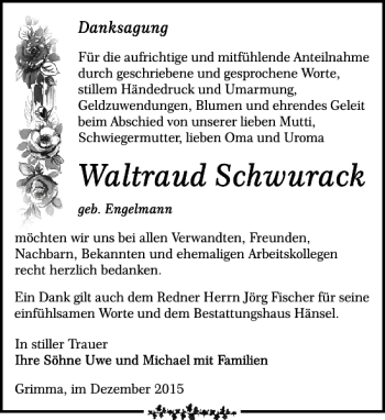 Traueranzeige von Waltraud Schwurack von Leipziger Volkszeitung