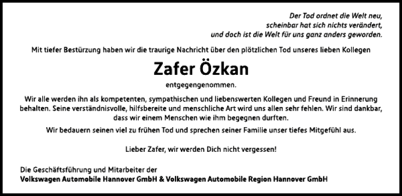  Traueranzeige für Zafer Özkan vom 09.01.2016 aus HAZ/NP
