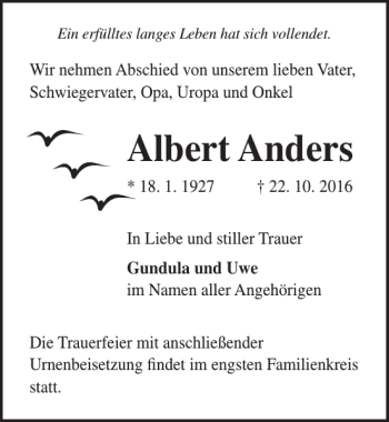 Traueranzeige von Albert Anders von Ostsee-Zeitung