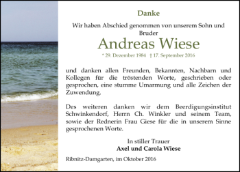 Traueranzeige von Andreas Wiese von Ostsee-Zeitung