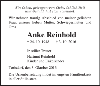 Traueranzeige von Anke Reinhold von Ostsee-Zeitung
