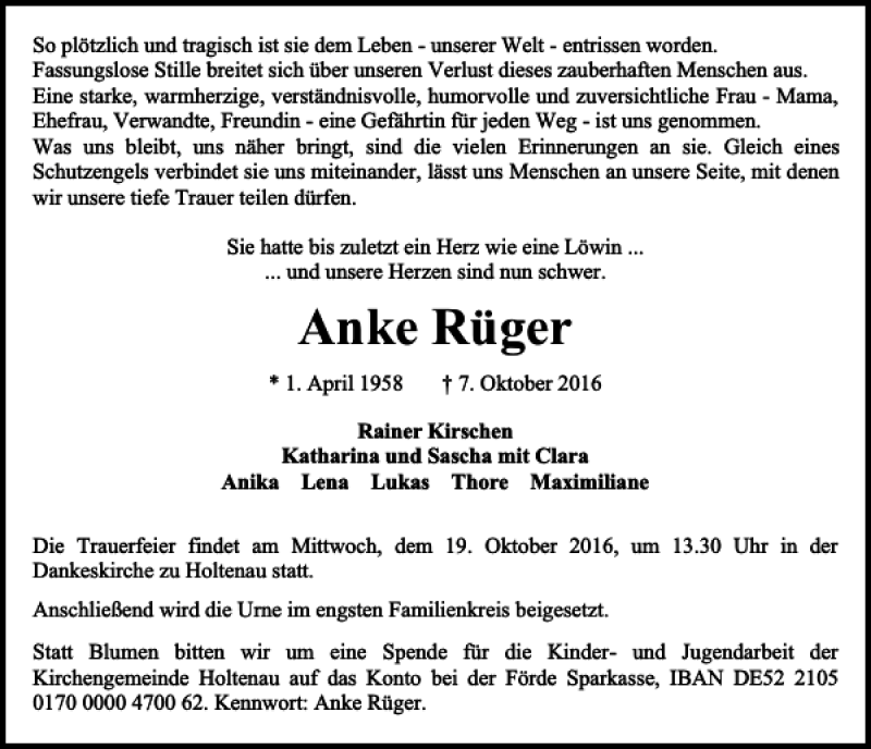  Traueranzeige für Anke Rüger vom 15.10.2016 aus Kieler Nachrichten / Segeberger Zeitung