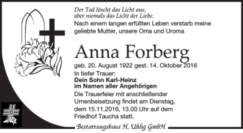 Traueranzeige von Anna Forberg von Leipziger Volkszeitung