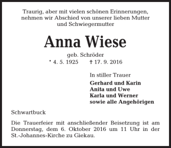 Traueranzeige von Anna Wiese von Kieler Nachrichten / Segeberger Zeitung