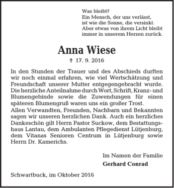 Traueranzeige von Anna Wiese von Kieler Nachrichten / Segeberger Zeitung