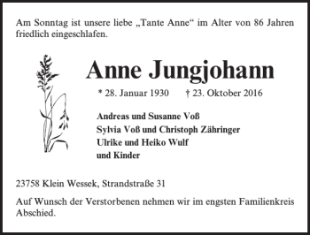 Traueranzeige von Anne Jungjohann von Lübecker Nachrichten