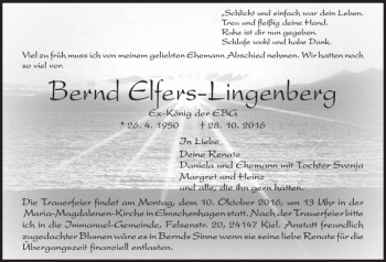 Traueranzeige von Bernd Elfers-Lingenberg von Kieler Nachrichten / Segeberger Zeitung