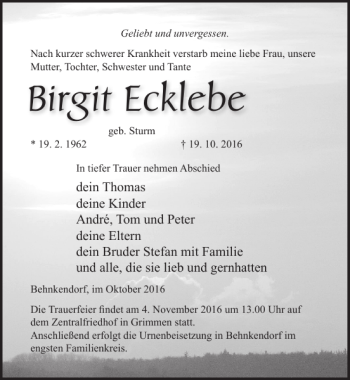 Traueranzeige von Birgit Ecklebe von Ostsee-Zeitung