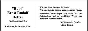 Traueranzeige von Bubi Ernst Rudolf Hetzer von Kieler Nachrichten / Segeberger Zeitung