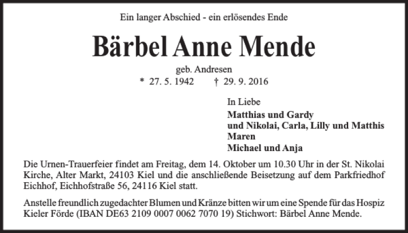  Traueranzeige für Bärbel Anne Mende vom 08.10.2016 aus Kieler Nachrichten / Segeberger Zeitung