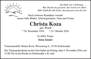 Traueranzeige von Christa Koza von Lübecker Nachrichten