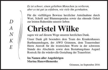 Traueranzeige von Christel Wilke von Ostsee-Zeitung