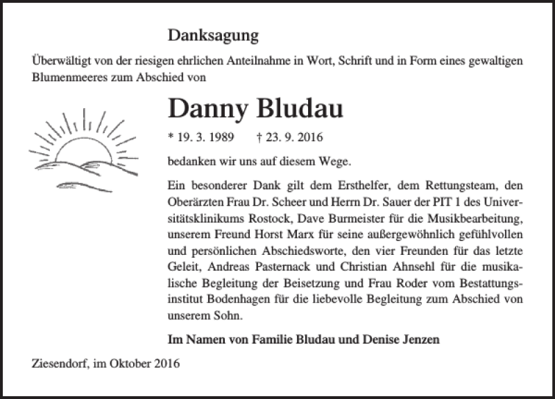  Traueranzeige für Danny Bludau vom 15.10.2016 aus Ostsee-Zeitung