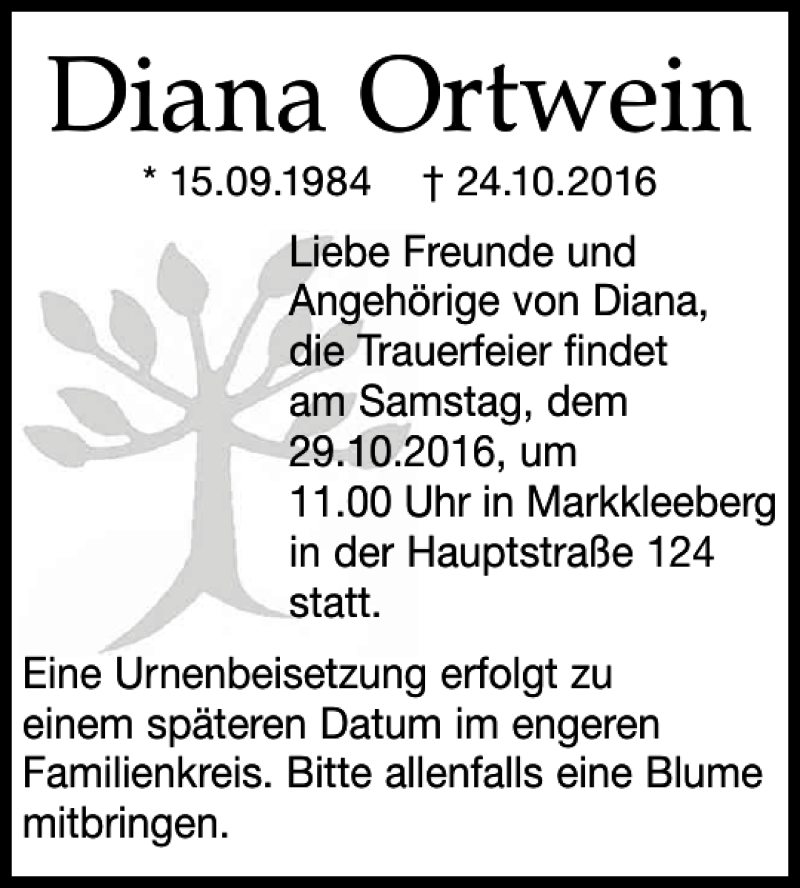  Traueranzeige für Diana Ortwein vom 29.10.2016 aus Leipziger Volkszeitung