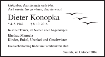 Traueranzeige von Dieter Konopka von Ostsee-Zeitung