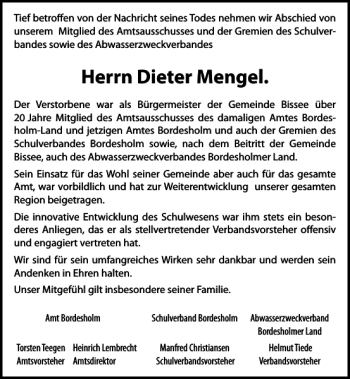 Traueranzeige von Dieter Mengel von Kieler Nachrichten / Segeberger Zeitung