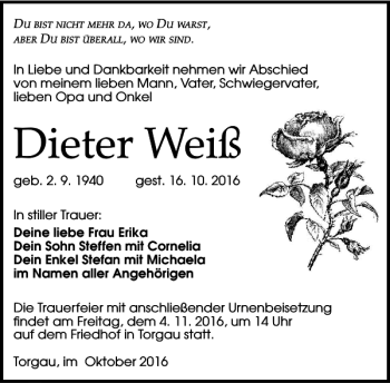 Traueranzeige von Dieter Weiß von Torgauer Zeitung