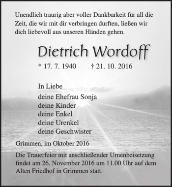 Traueranzeige von Dietrich Wordoff von Ostsee-Zeitung